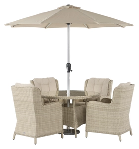 Chedworth 120cm Table with 4 High-Back Armchairs & Parasol - Sandstone - image 1