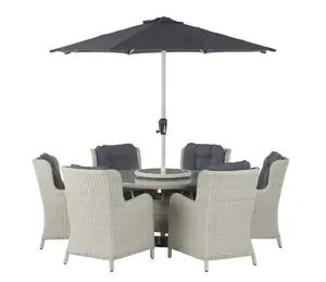 Chedworth 140cm Round Table, 60cm Lazy Susan, 6 High-Back Armchairs & Parasol - Dove Grey - image 1