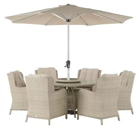 Chedworth 140cm Round Table, 60cm Lazy Susan, 6 High-Back Armchairs & Parasol - Sandstone - image 1