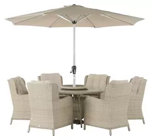 Chedworth 140cm Round Table, 60cm Lazy Susan, 6 High-Back Armchairs & Parasol - Sandstone - image 1