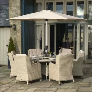 Chedworth 140cm Round Table, 60cm Lazy Susan, 6 High-Back Armchairs & Parasol - Sandstone - image 3