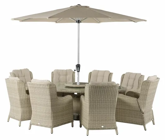 Chedworth 220 x 145cm Elliptical Table, 60cm L/S, 2 Recliners, 6 Armchairs & Parasol - Sandstone - image 1