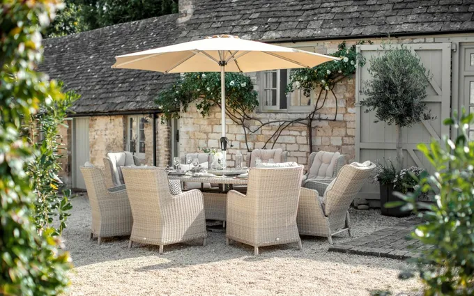 Chedworth 220 x 145cm Elliptical Table, 60cm L/S, 2 Recliners, 6 Armchairs & Parasol - Sandstone - image 2