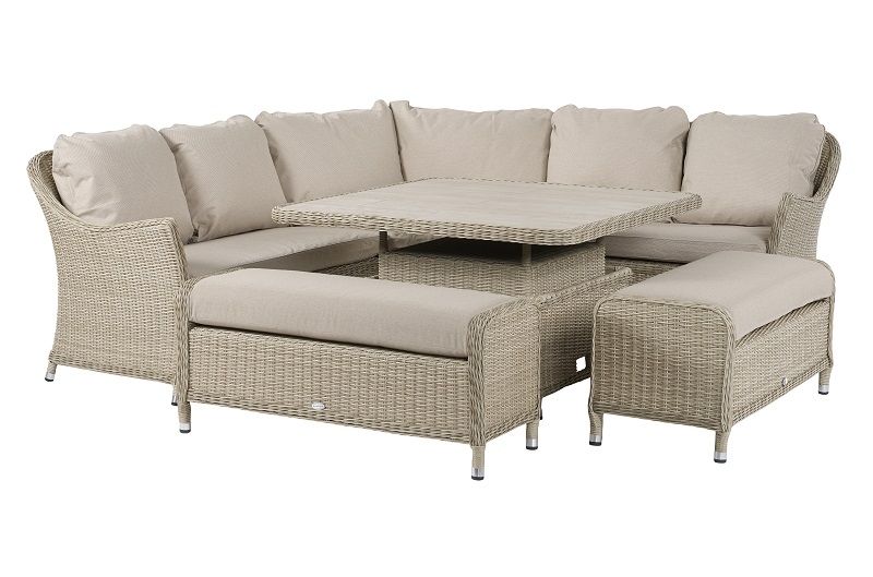 Monterey Modular Sofa Set With Square Ceramic Adjustable Casual Dining Table 2 Benches Sandstone Trioscape Garden Centre