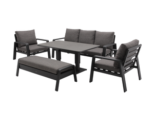 Prague 3 Seat Sofa With Rectangle Piston Adjustable Table, 2 Sofa Chairs & Bench - Anthracite