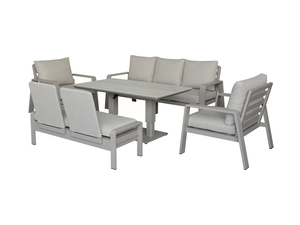 Prague 3 Seat Sofa With Rectangle Piston Adjustable Table, 2 Sofa Chairs & Bench - Latte