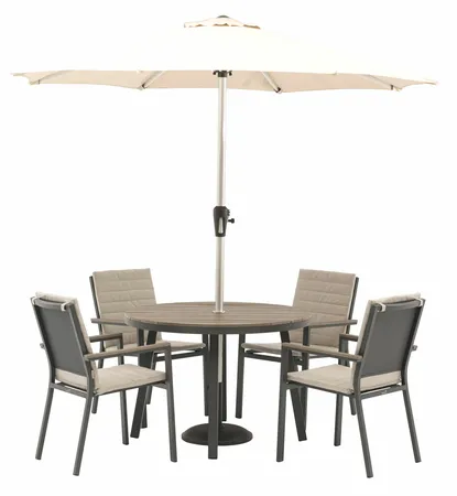 Zurich 110cm Round Tree-Free Table with 4 Chairs, Parasol & Base - Eco Fawn - image 1