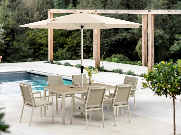 Zurich 164 x 95cm Rectangle Tree-Free Table with 6 Chairs, Parasol & Base - Mocha