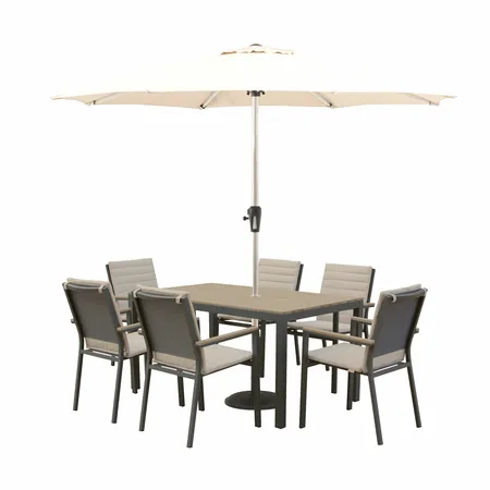 Zurich 164 x 95cm Rectangle Tree-Free Table with 6 Chairs, Parasol & Base - Eco Fawn - image 1